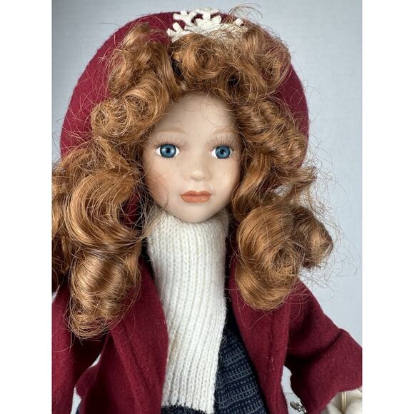 Vintage Porcelain Doll Winter Red Coat plaid dress 13" tall Collectors Choice - Picture 2 of 6